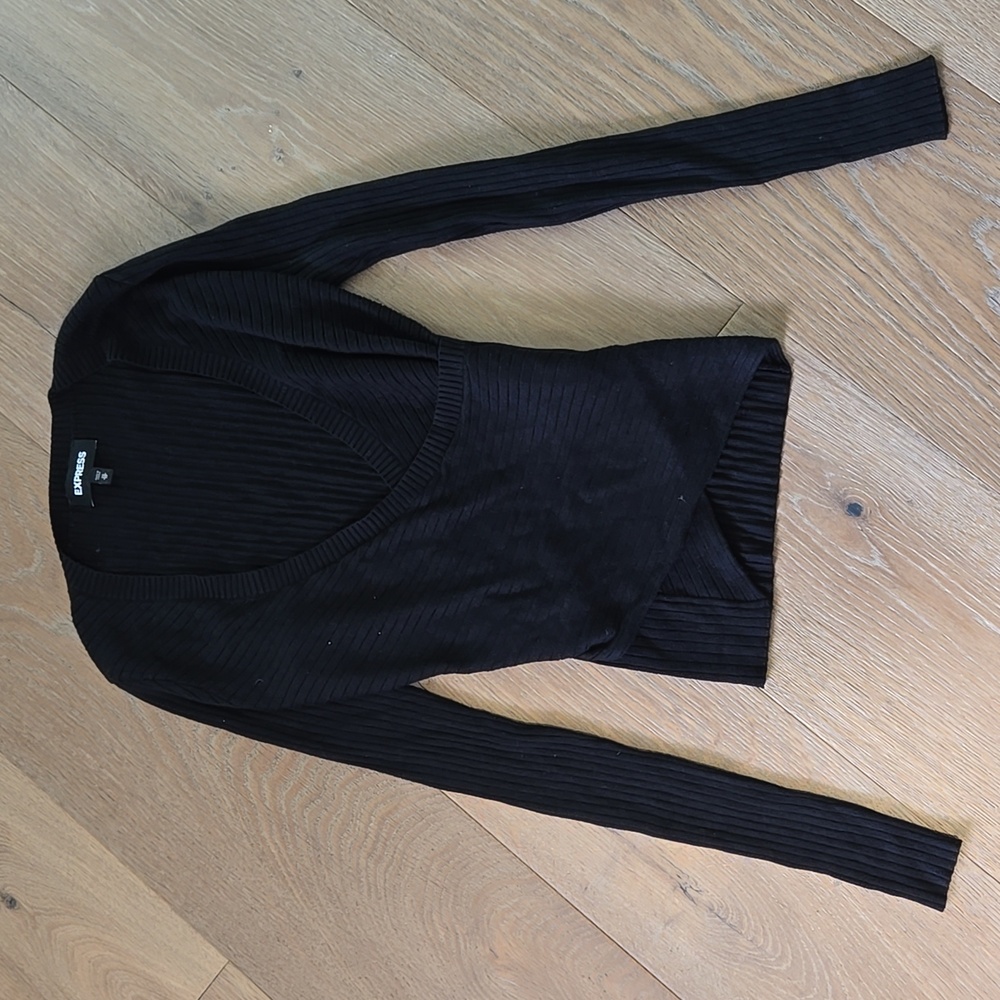 Express Women's XS Black Long-sleeved Ribbed Faux Wrap Top